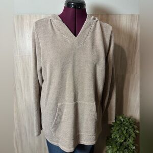 D & Co Elegant Beige White V-Neck Hooded Sweater for Women